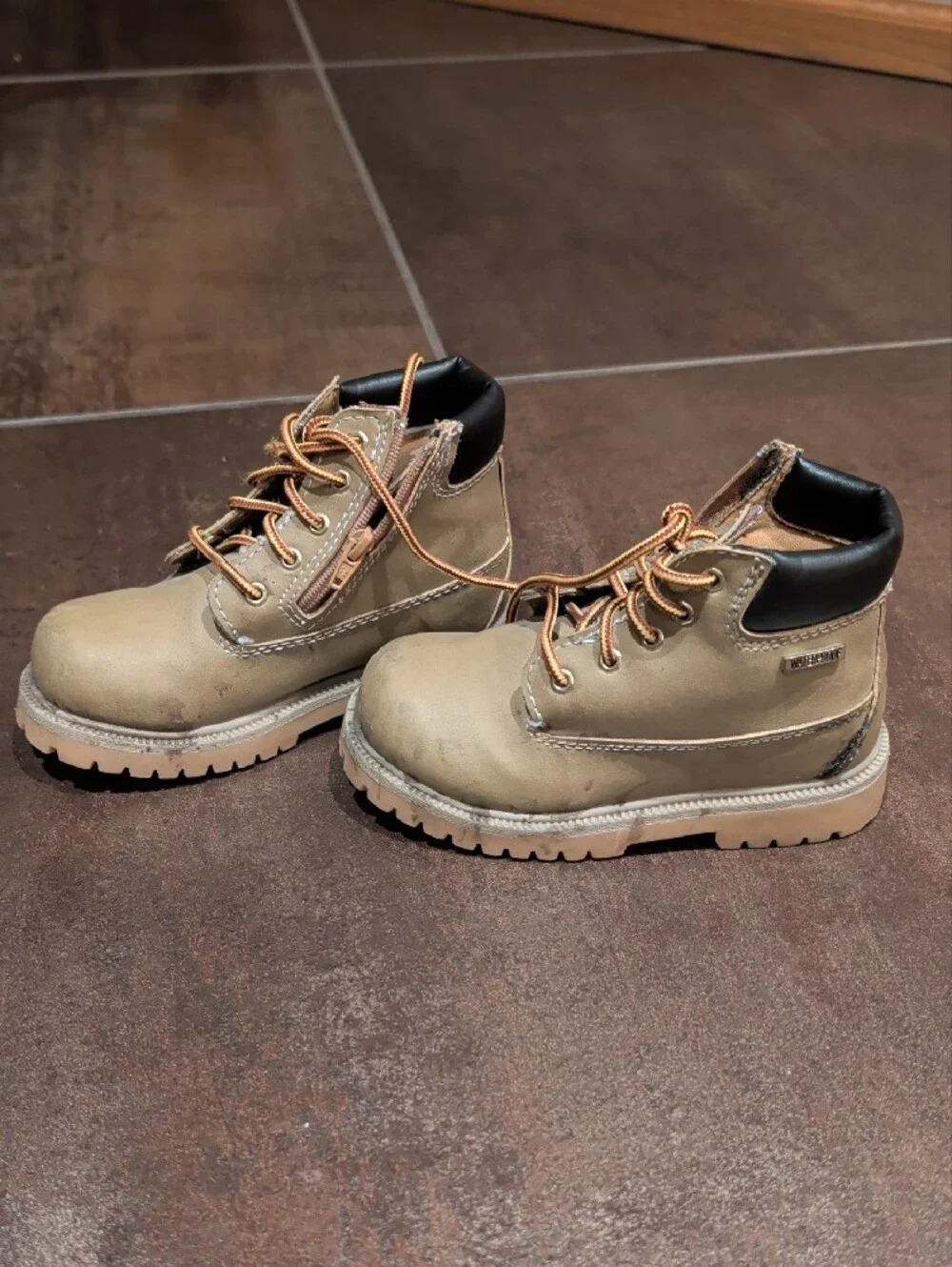 Tan Lace-Up Kids Ankle Boots with Black Collar